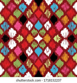 Ikat geometric folklore ornament with diamonds. Tribal ethnic vector texture. Seamless striped pattern in Aztec style. Folk embroidery. Indian, Scandinavian, Gypsy, Mexican, African rug.