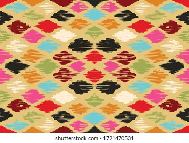 Ikat geometric folklore ornament with diamonds. Tribal ethnic vector texture. Seamless striped pattern in Aztec style. Folk embroidery. Indian, Scandinavian, Gypsy, Mexican, African rug.