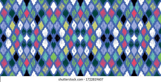 Ikat geometric folklore ornament with diamonds. Tribal ethnic vector texture. Seamless striped pattern in Aztec style. Folk embroidery. Indian, Scandinavian, Gypsy, Mexican, African rug.