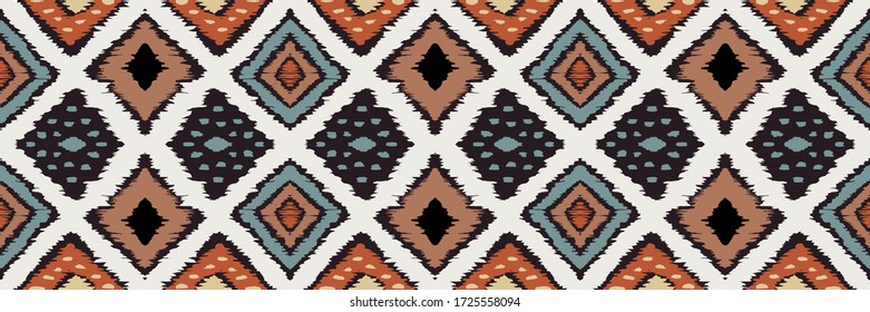 Ikat geometric folklore ornament with diamonds. Tribal ethnic vector texture. Seamless striped pattern in Aztec style. Folk embroidery. Indian, Scandinavian, Gypsy, Mexican, African rug.