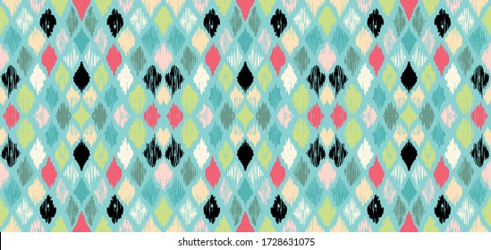 Ikat geometric folklore ornament with diamonds. Tribal ethnic vector texture. Seamless striped pattern in Aztec style. Folk embroidery. Indian, Scandinavian, Gypsy, Mexican, African rug.