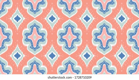 Ikat geometric folklore ornament with diamonds. Damask rug. Tribal ethnic vector texture. Persian geo print. Seamless pattern in Aztec style. Folk embroidery. Gypsy, Mexican, African print. 