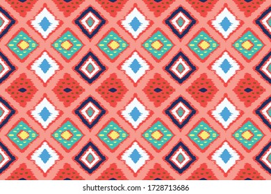 Ikat geometric folklore ornament with diamonds. Tribal ethnic vector texture. Seamless striped pattern in Aztec style. Folk embroidery. Indian, Scandinavian, Gypsy, Mexican, African rug.