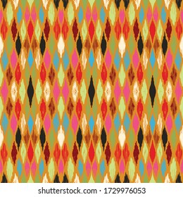 Ikat geometric folklore ornament with diamonds. Tribal ethnic vector texture. Seamless striped pattern in Aztec style. Folk embroidery. Indian, Scandinavian, Gypsy, Mexican, African rug.