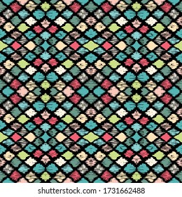 Ikat geometric folklore ornament with diamonds. Tribal ethnic vector texture. Seamless striped pattern in Aztec style. Folk embroidery. Indian, Scandinavian, Gypsy, Mexican, African rug.