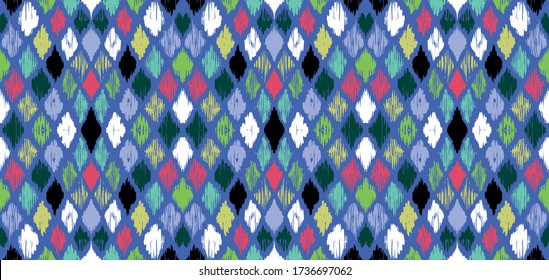Ikat geometric folklore ornament with diamonds. Tribal ethnic vector texture. Seamless striped pattern in Aztec style. Folk embroidery. Indian, Scandinavian, Gypsy, Mexican, African rug.