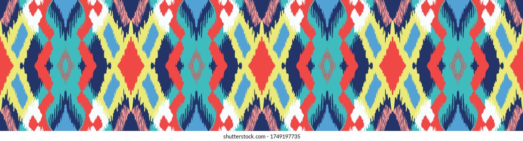 Ikat geometric folklore ornament with diamonds. Tribal ethnic vector texture. Seamless striped pattern in Aztec style. Folk embroidery. Indian, Scandinavian, Gypsy, Mexican, African rug.