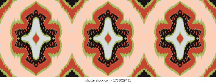 Ikat geometric folklore ornament with diamonds. Damask rug. Tribal ethnic vector texture. Persian geo print. Seamless pattern in Aztec style. Folk embroidery. Gypsy, Mexican, African print. 
