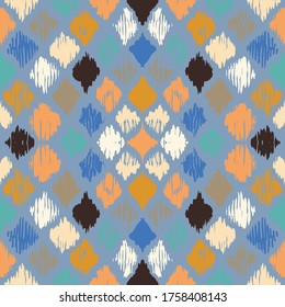 Ikat geometric folklore ornament with diamonds. Tribal ethnic vector texture. Seamless striped pattern in Aztec style. Folk embroidery. Indian, Scandinavian, Gypsy, Mexican, African rug.