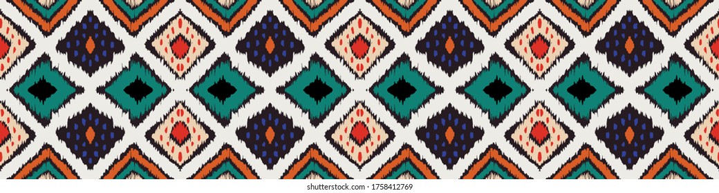 Ikat geometric folklore ornament with diamonds. Tribal ethnic vector texture. Seamless striped pattern in Aztec style. Folk embroidery. Indian, Scandinavian, Gypsy, Mexican, African rug.