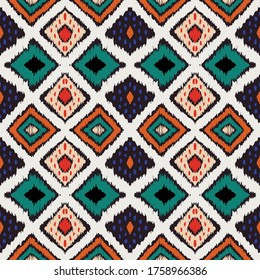 Ikat geometric folklore ornament with diamonds. Tribal ethnic vector texture. Seamless striped pattern in Aztec style. Folk embroidery. Indian, Scandinavian, Gypsy, Mexican, African rug.