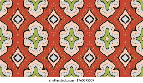 Ikat geometric folklore ornament with diamonds. Damask rug. Tribal ethnic vector texture. Persian geo print. Seamless pattern in Aztec style. Folk embroidery. Gypsy, Mexican, African print. 