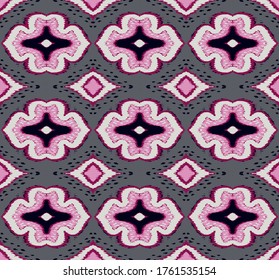 Ikat geometric folklore ornament with diamonds. Damask rug. Tribal ethnic vector texture. Persian geo print. Seamless pattern in Aztec style. Folk embroidery. Gypsy, Mexican, African print. 
