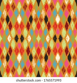 Ikat geometric folklore ornament with diamonds. Tribal ethnic vector texture. Seamless striped pattern in Aztec style. Folk embroidery. Indian, Scandinavian, Gypsy, Mexican, African rug.