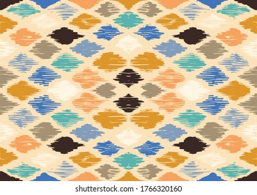 Ikat geometric folklore ornament with diamonds. Tribal ethnic vector texture. Seamless striped pattern in Aztec style. Folk embroidery. Indian, Scandinavian, Gypsy, Mexican, African rug.