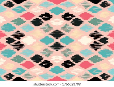 Ikat geometric folklore ornament with diamonds. Tribal ethnic vector texture. Seamless striped pattern in Aztec style. Folk embroidery. Indian, Scandinavian, Gypsy, Mexican, African rug.