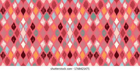 Ikat geometric folklore ornament with diamonds. Tribal ethnic vector texture. Seamless striped pattern in Aztec style. Folk embroidery. Indian, Scandinavian, Gypsy, Mexican, African rug.