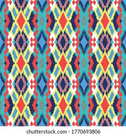 Ikat geometric folklore ornament with diamonds. Tribal ethnic vector texture. Seamless striped pattern in Aztec style. Folk embroidery. Indian, Scandinavian, Gypsy, Mexican, African rug.