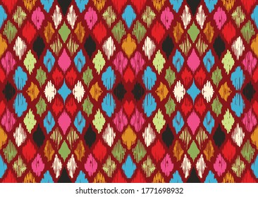 Ikat geometric folklore ornament with diamonds. Tribal ethnic vector texture. Seamless striped pattern in Aztec style. Folk embroidery. Indian, Scandinavian, Gypsy, Mexican, African rug.