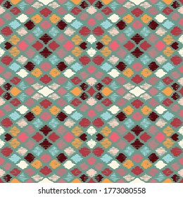 Ikat geometric folklore ornament with diamonds. Tribal ethnic vector texture. Seamless striped pattern in Aztec style. Folk embroidery. Indian, Scandinavian, Gypsy, Mexican, African rug.