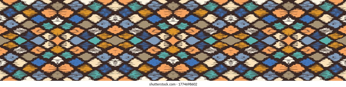Ikat geometric folklore ornament with diamonds. Tribal ethnic vector texture. Seamless striped pattern in Aztec style. Folk embroidery. Indian, Scandinavian, Gypsy, Mexican, African rug.