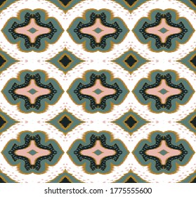 Ikat geometric folklore ornament with diamonds. Damask rug. Tribal ethnic vector texture. Persian geo print. Seamless pattern in Aztec style. Folk embroidery. Gypsy, Mexican, African print. 