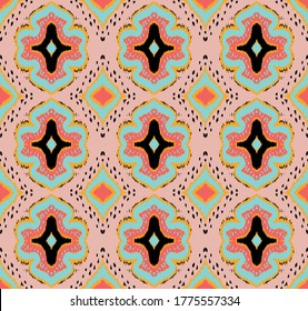 Ikat geometric folklore ornament with diamonds. Damask rug. Tribal ethnic vector texture. Persian geo print. Seamless pattern in Aztec style. Folk embroidery. Gypsy, Mexican, African print. 