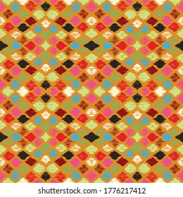 Ikat geometric folklore ornament with diamonds. Tribal ethnic vector texture. Seamless striped pattern in Aztec style. Folk embroidery. Indian, Scandinavian, Gypsy, Mexican, African rug.