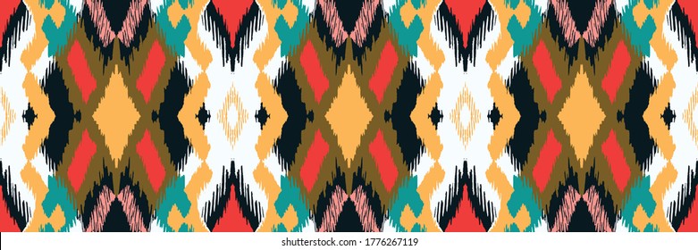Ikat geometric folklore ornament with diamonds. Tribal ethnic vector texture. Seamless striped pattern in Aztec style. Folk embroidery. Indian, Scandinavian, Gypsy, Mexican, African rug.