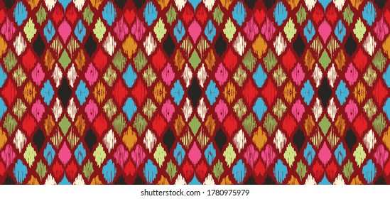 Ikat geometric folklore ornament with diamonds. Tribal ethnic vector texture. Seamless striped pattern in Aztec style. Folk embroidery. Indian, Scandinavian, Gypsy, Mexican, African rug.