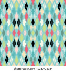 Ikat geometric folklore ornament with diamonds. Tribal ethnic vector texture. Seamless striped pattern in Aztec style. Folk embroidery. Indian, Scandinavian, Gypsy, Mexican, African rug.