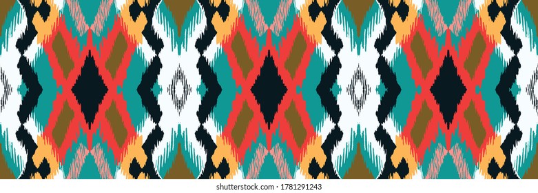 Ikat geometric folklore ornament with diamonds. Tribal ethnic vector texture. Seamless striped pattern in Aztec style. Folk embroidery. Indian, Scandinavian, Gypsy, Mexican, African rug.