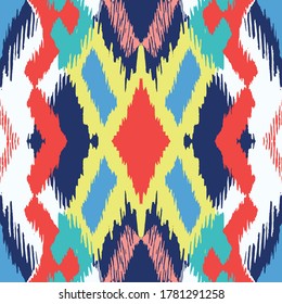 Ikat geometric folklore ornament with diamonds. Tribal ethnic vector texture. Seamless striped pattern in Aztec style. Folk embroidery. Indian, Scandinavian, Gypsy, Mexican, African rug.