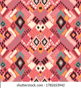 Ikat geometric folklore ornament with diamonds. Tribal ethnic vector texture. Seamless striped pattern in Aztec style. Folk embroidery. Indian, Scandinavian, Gypsy, Mexican, African rug. 