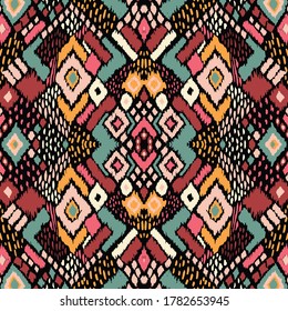 Ikat geometric folklore ornament with diamonds. Tribal ethnic vector texture. Seamless striped pattern in Aztec style. Folk embroidery. Indian, Scandinavian, Gypsy, Mexican, African rug. 