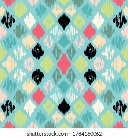 Ikat geometric folklore ornament with diamonds. Tribal ethnic vector texture. Seamless striped pattern in Aztec style. Folk embroidery. Indian, Scandinavian, Gypsy, Mexican, African rug.