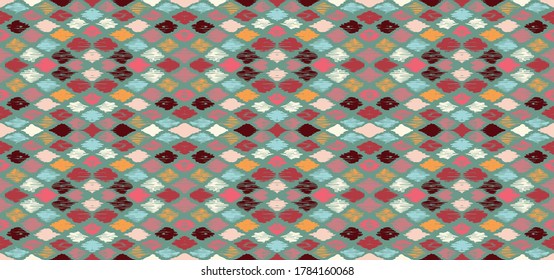 Ikat geometric folklore ornament with diamonds. Tribal ethnic vector texture. Seamless striped pattern in Aztec style. Folk embroidery. Indian, Scandinavian, Gypsy, Mexican, African rug.