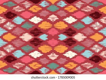 Ikat geometric folklore ornament with diamonds. Tribal ethnic vector texture. Seamless striped pattern in Aztec style. Folk embroidery. Indian, Scandinavian, Gypsy, Mexican, African rug.