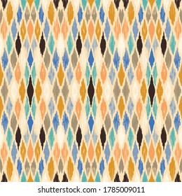 Ikat geometric folklore ornament with diamonds. Tribal ethnic vector texture. Seamless striped pattern in Aztec style. Folk embroidery. Indian, Scandinavian, Gypsy, Mexican, African rug.