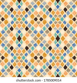 Ikat geometric folklore ornament with diamonds. Tribal ethnic vector texture. Seamless striped pattern in Aztec style. Folk embroidery. Indian, Scandinavian, Gypsy, Mexican, African rug.
