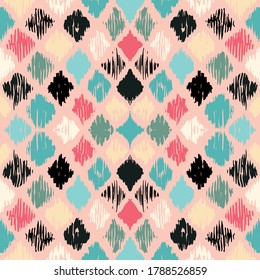 Ikat geometric folklore ornament with diamonds. Tribal ethnic vector texture. Seamless striped pattern in Aztec style. Folk embroidery. Indian, Scandinavian, Gypsy, Mexican, African rug.