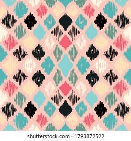 Ikat geometric folklore ornament with diamonds. Tribal ethnic vector texture. Seamless striped pattern in Aztec style. Folk embroidery. Indian, Scandinavian, Gypsy, Mexican, African rug.