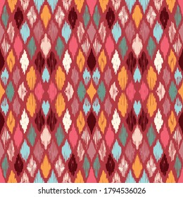 Ikat geometric folklore ornament with diamonds. Tribal ethnic vector texture. Seamless striped pattern in Aztec style. Folk embroidery. Indian, Scandinavian, Gypsy, Mexican, African rug.