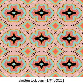 Ikat geometric folklore ornament with diamonds. Damask rug. Tribal ethnic vector texture. Persian geo print. Seamless pattern in Aztec style. Folk embroidery. Gypsy, Mexican, African print. 