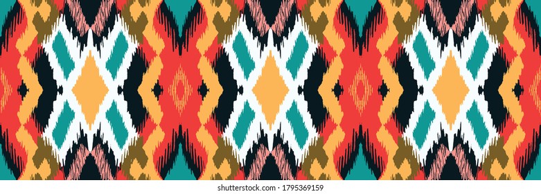 Ikat geometric folklore ornament with diamonds. Tribal ethnic vector texture. Seamless striped pattern in Aztec style. Folk embroidery. Indian, Scandinavian, Gypsy, Mexican, African rug.