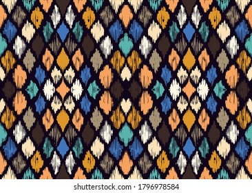 Ikat geometric folklore ornament with diamonds. Tribal ethnic vector texture. Seamless striped pattern in Aztec style. Folk embroidery. Indian, Scandinavian, Gypsy, Mexican, African rug.