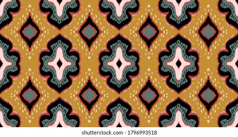 Ikat geometric folklore ornament with diamonds. Damask rug. Tribal ethnic vector texture. Persian geo print. Seamless pattern in Aztec style. Folk embroidery. Gypsy, Mexican, African print. 