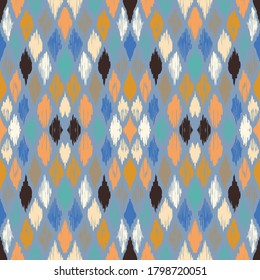 Ikat geometric folklore ornament with diamonds. Tribal ethnic vector texture. Seamless striped pattern in Aztec style. Folk embroidery. Indian, Scandinavian, Gypsy, Mexican, African rug.