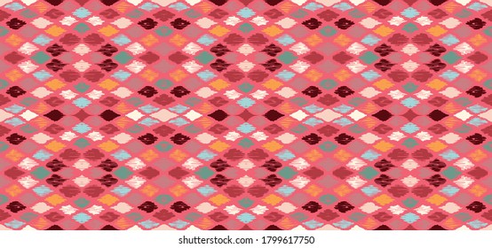 Ikat geometric folklore ornament with diamonds. Tribal ethnic vector texture. Seamless striped pattern in Aztec style. Folk embroidery. Indian, Scandinavian, Gypsy, Mexican, African rug.