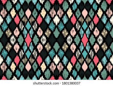 Ikat geometric folklore ornament with diamonds. Tribal ethnic vector texture. Seamless striped pattern in Aztec style. Folk embroidery. Indian, Scandinavian, Gypsy, Mexican, African rug.